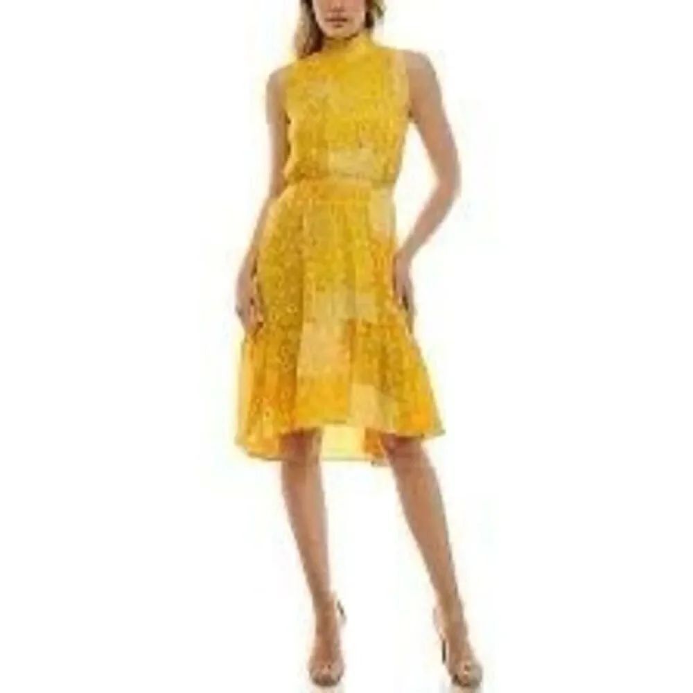 Nanette Lepore Women's 12 High Neck Swing Dress Yellow Patchwork Ditzy Floral